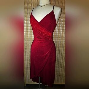 Rampage Vintage Red Slinky Cocktail Dress w/ Red Beading High-Low Wrap-Effect